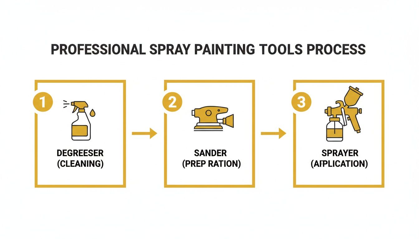 A visual three-step process detailing professional spray painting tools and their order of use.