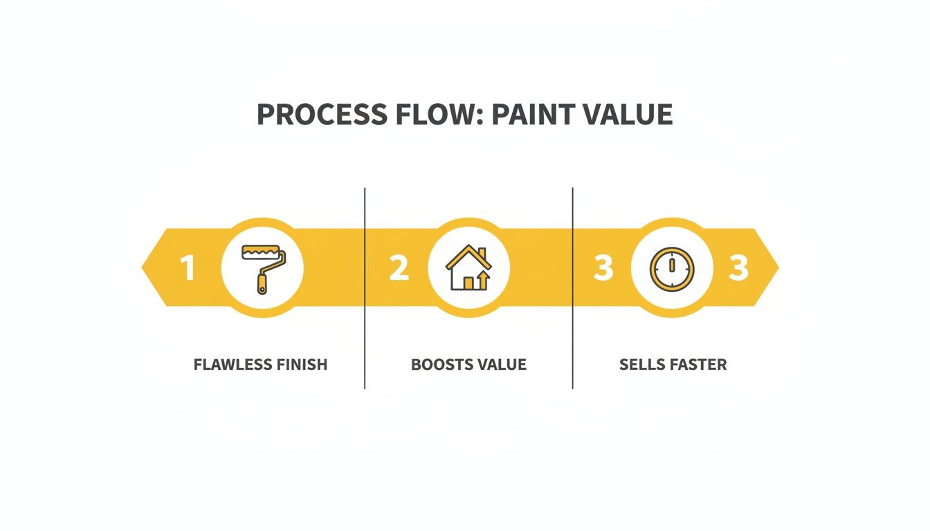 A process flow diagram illustrating how a flawless paint finish boosts property value and helps sell homes faster. Soca Services logo is visible.