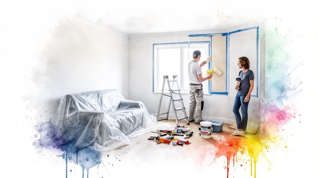 Two people painting a white room with rollers, surrounded by paint supplies and a covered sofa. Soca Services painters at work on an interior project.