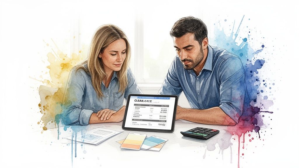 A couple reviews financial information on a tablet, with a calculator and color swatches. Soca Services helps plan your budget.
