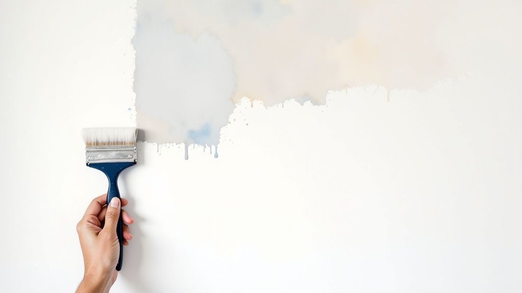 A painter applies a final coat of paint to a wall with a roller for a smooth, professional finish.