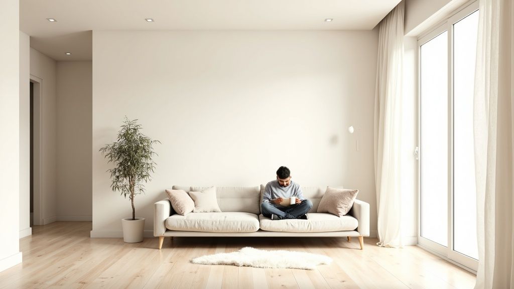 Minimalist living room with cream walls, beige sofa, natural light, and light wood flooring