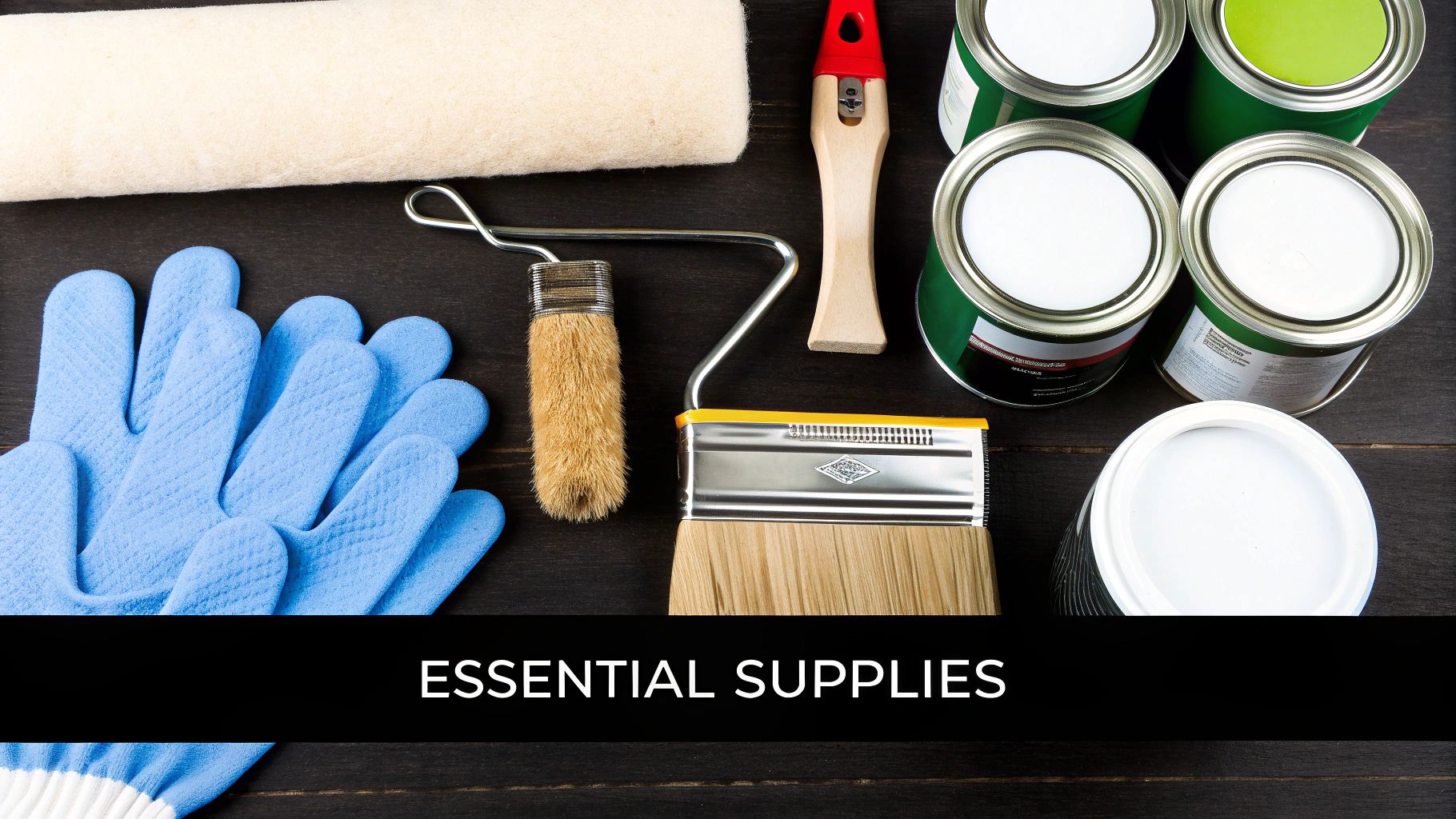 An array of painting supplies including paint cans, brushes, and rollers laid out on a drop cloth.