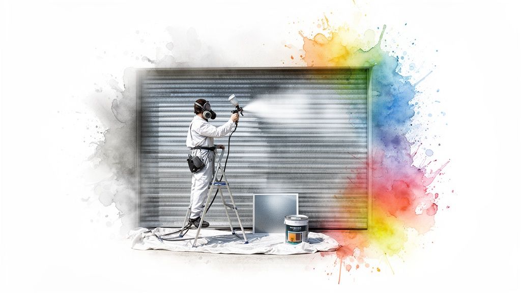 Person in protective gear spray paints a metal roller shutter, transforming it from gray to vibrant colors. Alt text: Soca Services painter in protective gear spray paints a galvanized steel shutter.