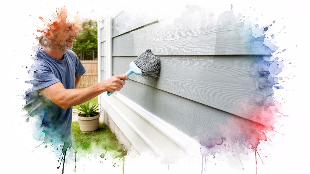 A man from Soca Services cleans light gray house siding with a brush, framed by watercolor splashes.
