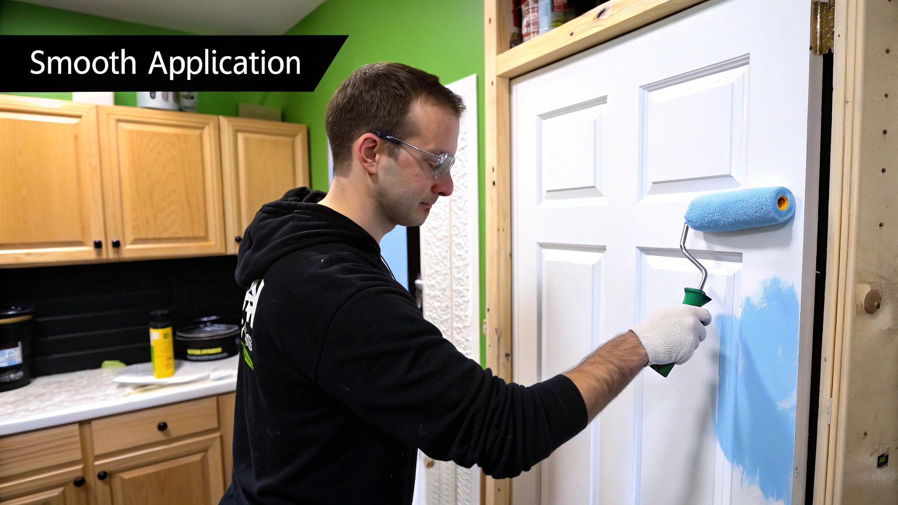 A paint sprayer being used to apply an even coat of white paint to a melamine cabinet door