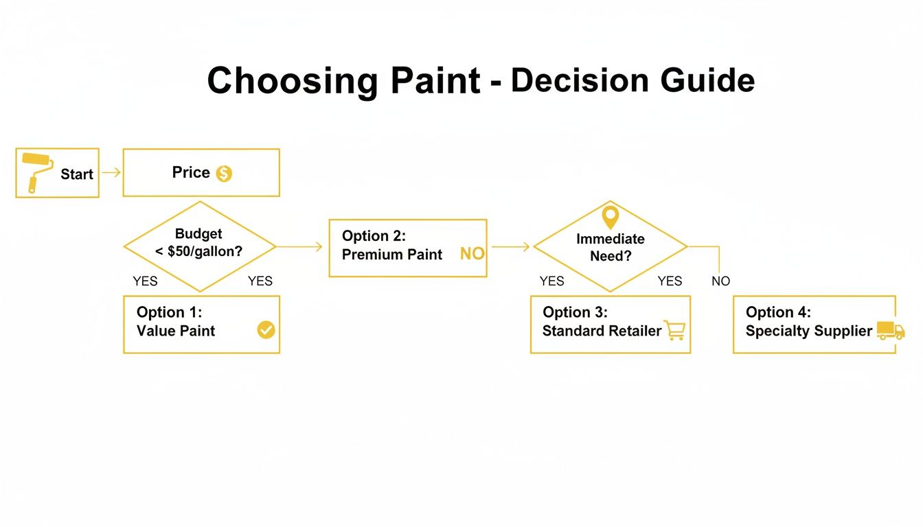 Soca Services flowchart guide for choosing between Benjamin Moore and Sherwin-Williams paint.