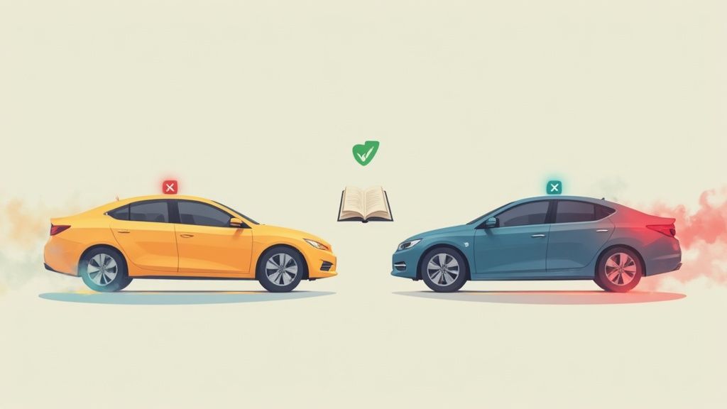 Two cars facing each other with 'X' marks, a book, and a green checkmark indicating legality or rules.