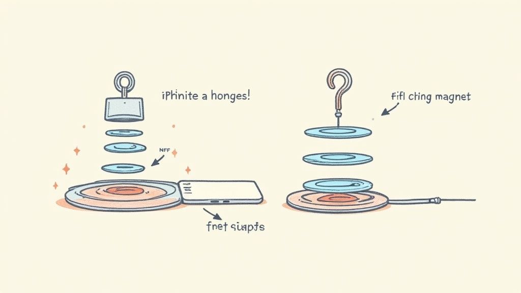 Whimsical illustration contrasting two types of magnetic wireless charging, one labeled 'iPhinite a honges!' and another with a question mark.
