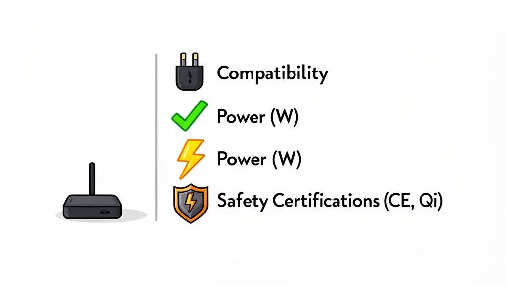 A black device with antenna next to a list of power, compatibility, and safety specifications.