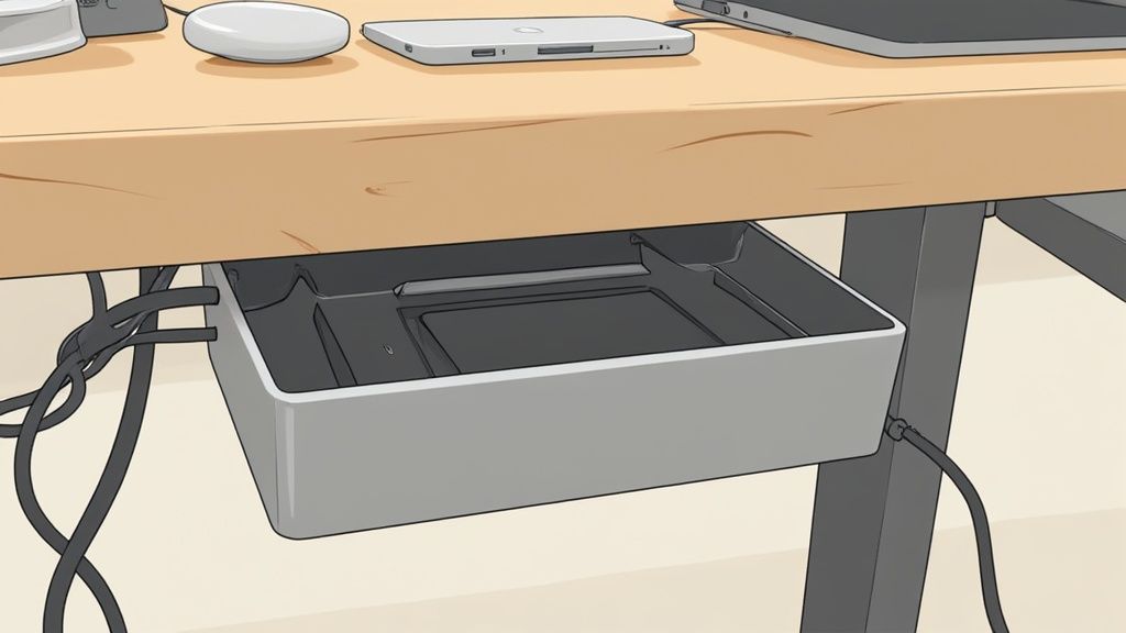 Underneath a wooden desk, a gray tray neatly organizes black electronic cables.