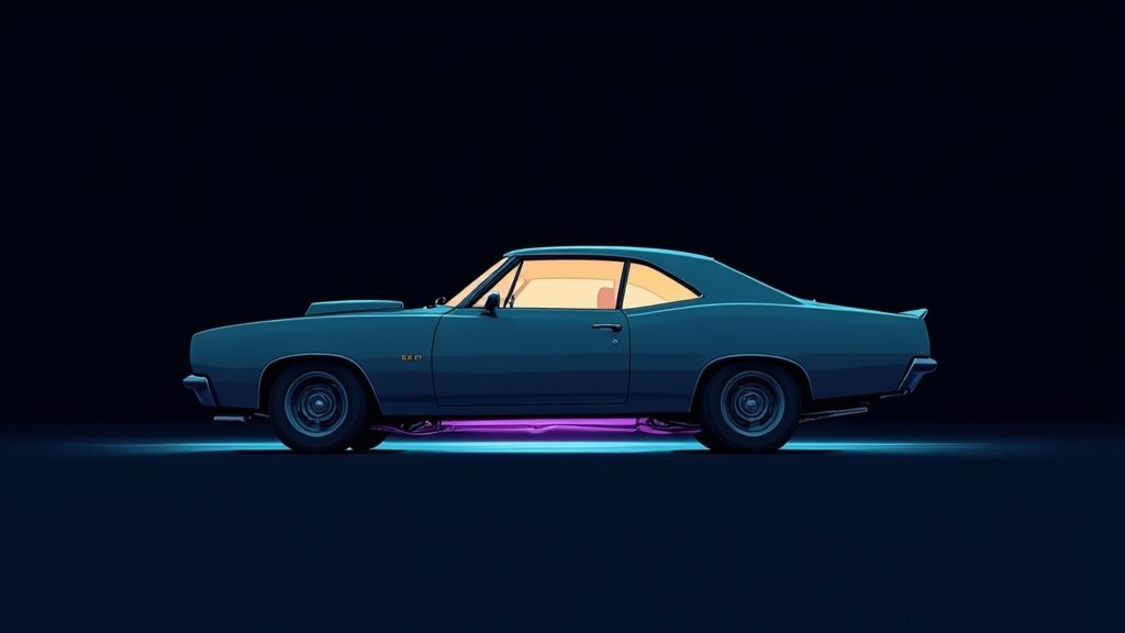 A vintage teal muscle car with purple underglow and a glowing interior, presented against a dark background.