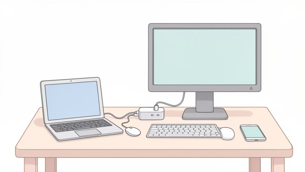 A neatly organized desk featuring a laptop, external monitor, and a central docking station with peripherals.