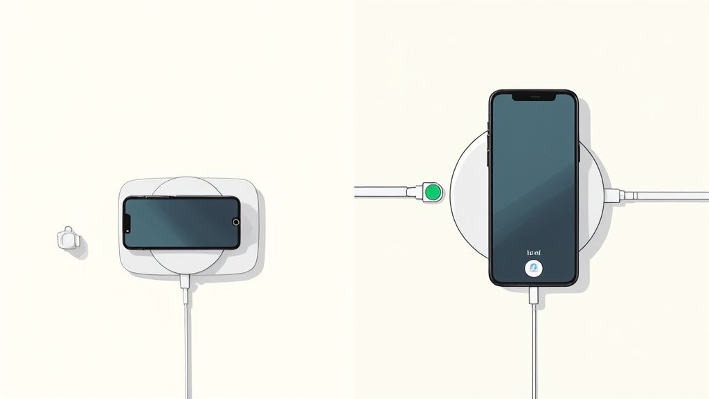 Two iPhones charging wirelessly on white pads, one horizontally and one vertically.
