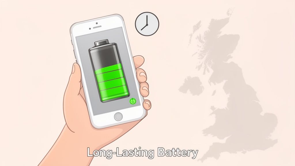 A hand holds a smartphone with a full battery icon, a clock, and a faint UK map. Text: Long-Lasting Battery.