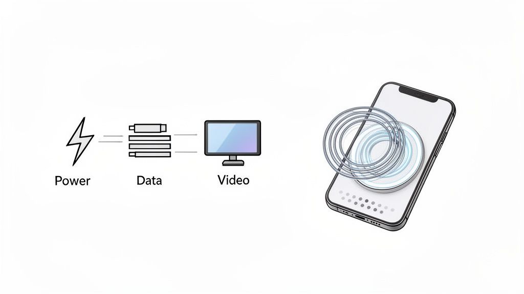 A visual comparison of traditional wired connections for power, data, and video with a wireless charging smartphone.