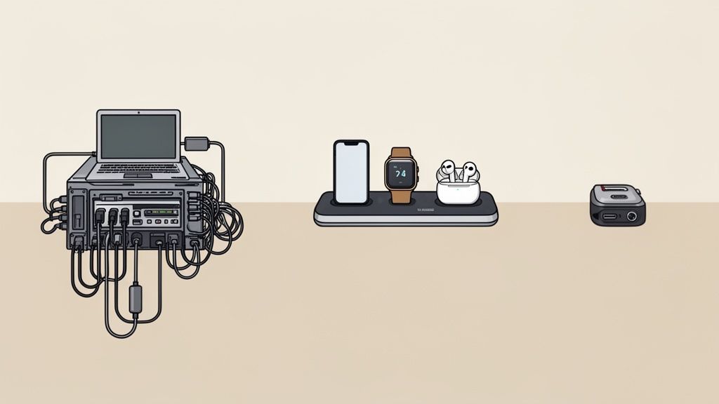 A complex, wired laptop docking station next to a modern wireless charging pad with devices.
