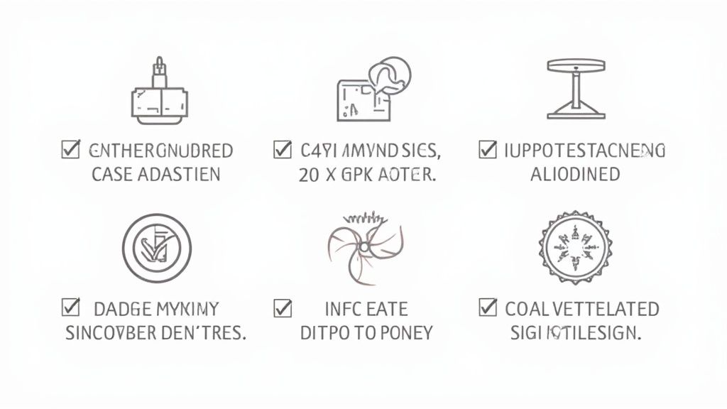 A white background displays six gray line-art icons, each with a checkbox and surrounding illegible text.