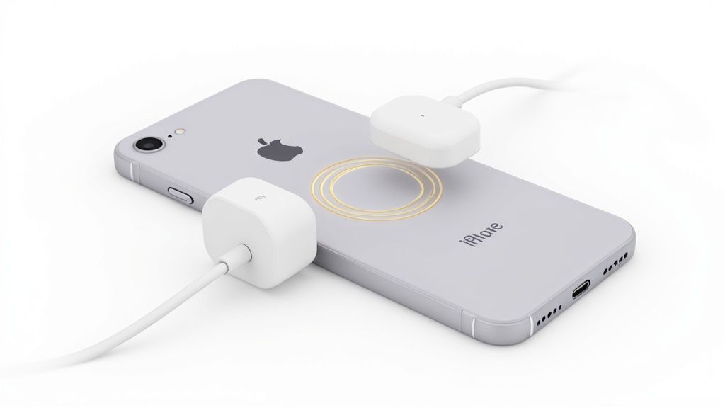 A silver smartphone with two white wireless chargers, one connected by cable and one magnetically floating.