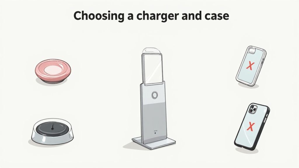 Illustration shows various phone chargers including two pads and a stand, alongside two phone cases marked with red Xs, under the title 'Choosing a charger and case'.