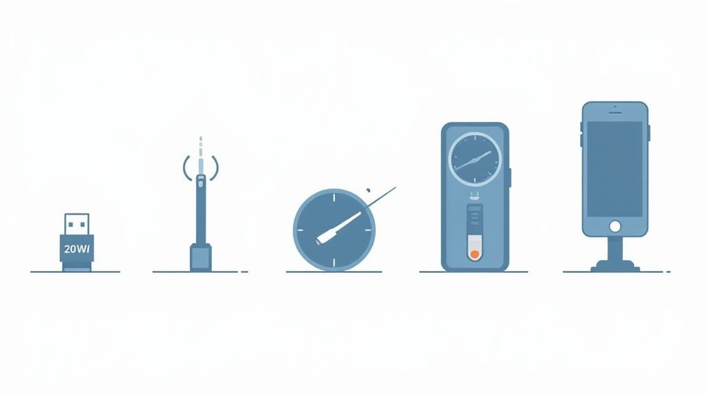 Illustration showing a progression of charging devices, including a USB plug, a magnetic charger, and a smartphone.