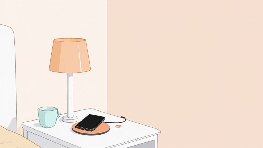 A minimalist illustration of an iPhone XR wirelessly charging on a nightstand beside a lamp and mug.