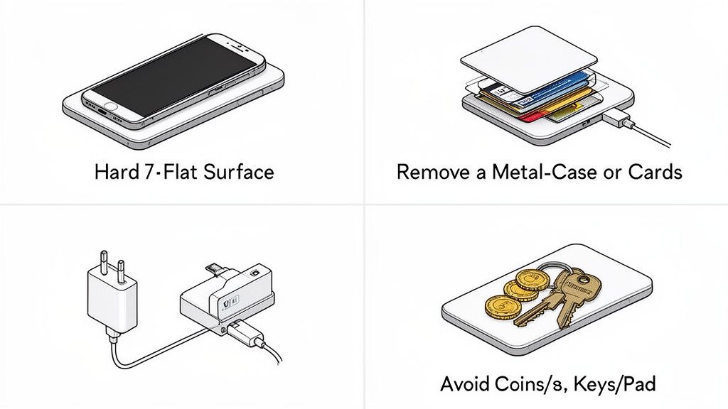 Illustrations showing best practices for using a wireless phone charger, including correct placement and avoiding metal items.