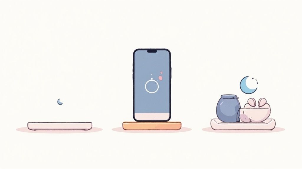 Minimalist cartoon illustration showing a phone charging, a crescent moon, and a jar with a bowl.
