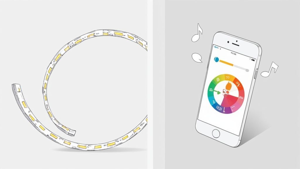 A flexible LED light strip and a smartphone displaying a color control app with music notes.