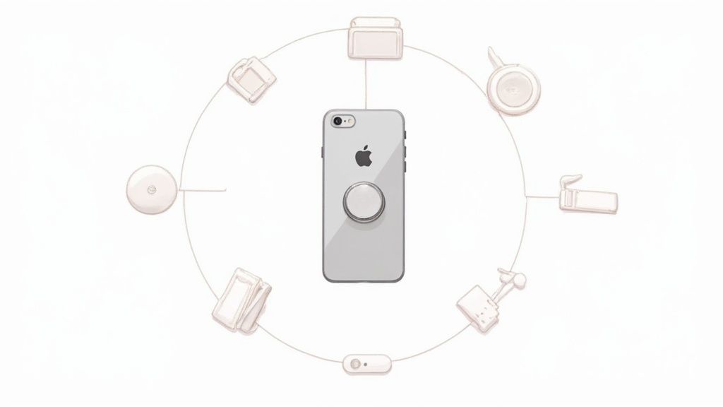 An iPhone with a MagSafe grip at the center, surrounded by various modular MagSafe accessories.