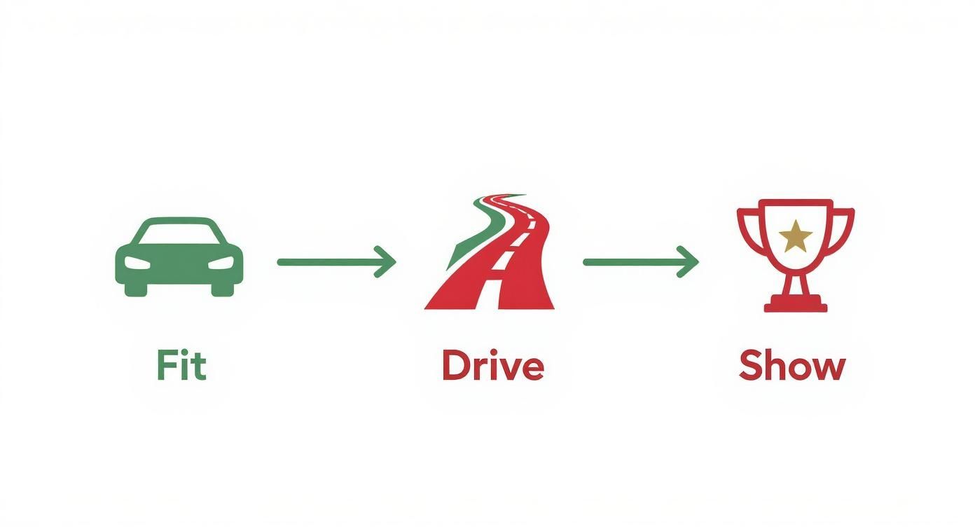 Diagram illustrating a three-step process: Fit represented by a car, Drive by a road, and Show by a trophy.