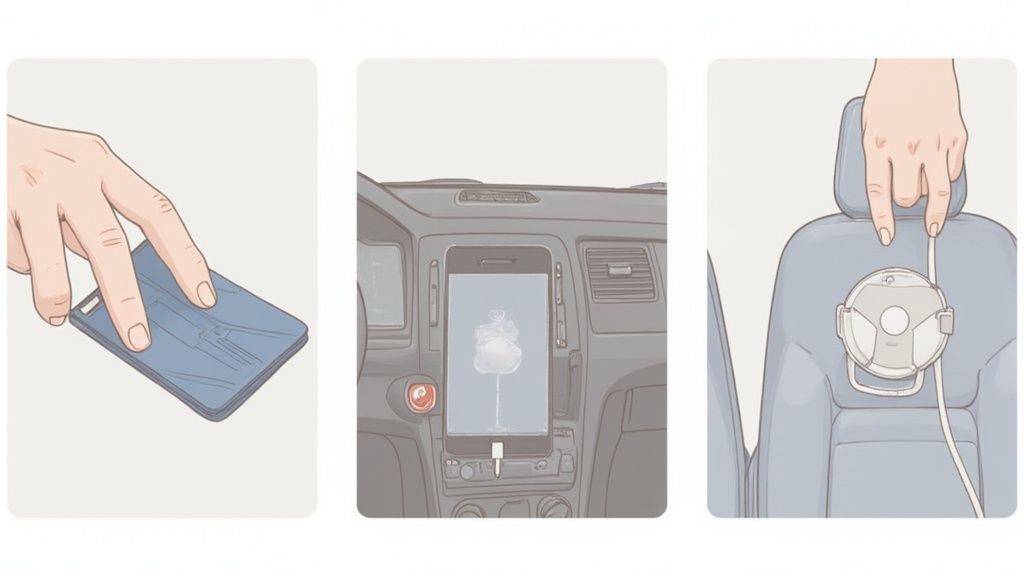 A multi-panel illustration shows a flexible phone holder being used in different car settings.