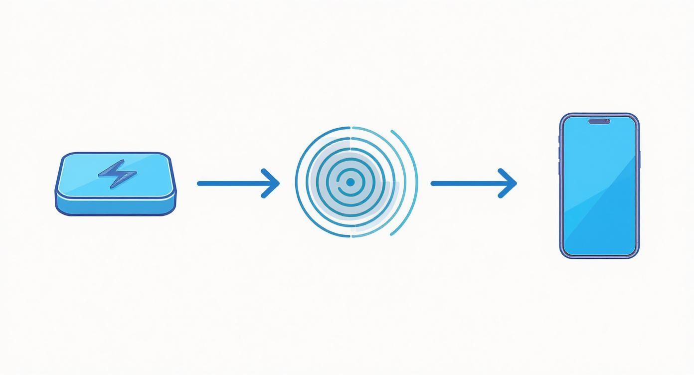 Illustration of a charging pad wirelessly transmitting power to a smartphone through concentric waves.