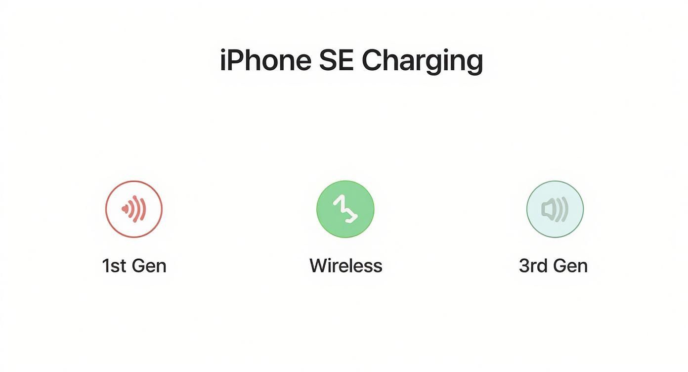 Diagram illustrating iPhone SE charging options, showing 1st Gen, Wireless, and 3rd Gen icons.