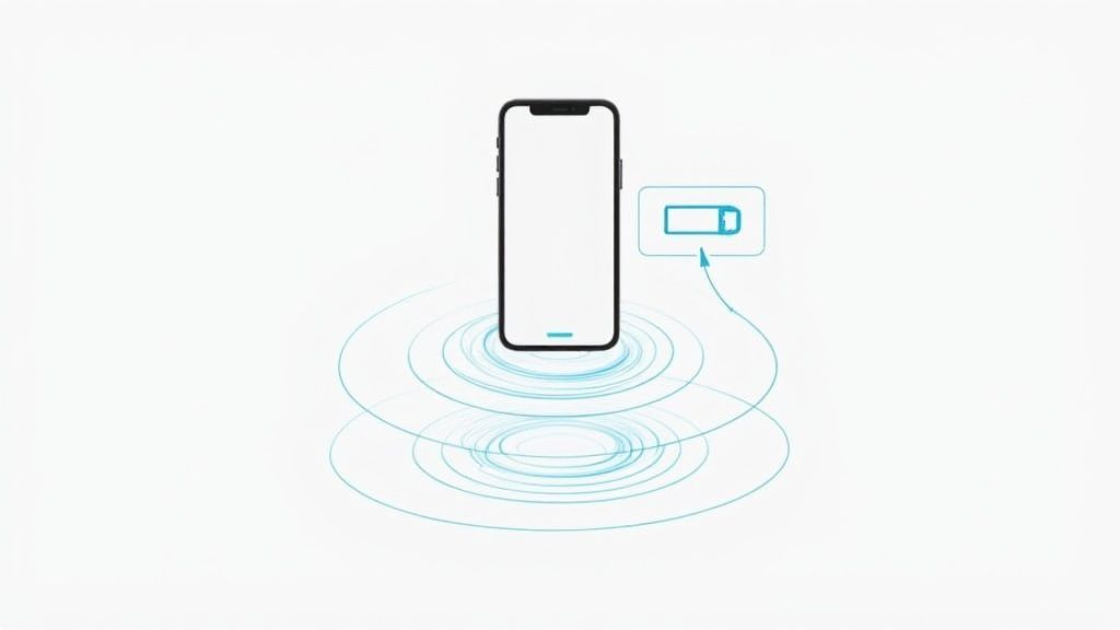 A black iPhone wirelessly charging, depicted by blue concentric circles and a battery icon.