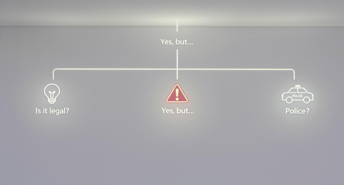 A flowchart diagram with a lightbulb asking 'Is it legal?', an alert, and a police car asking 'Police?'.