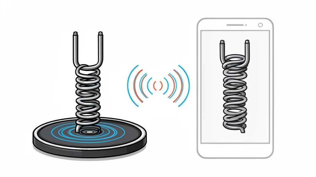 An illustration of a wireless charging pad transmitting power via electromagnetic waves to a smartphone.