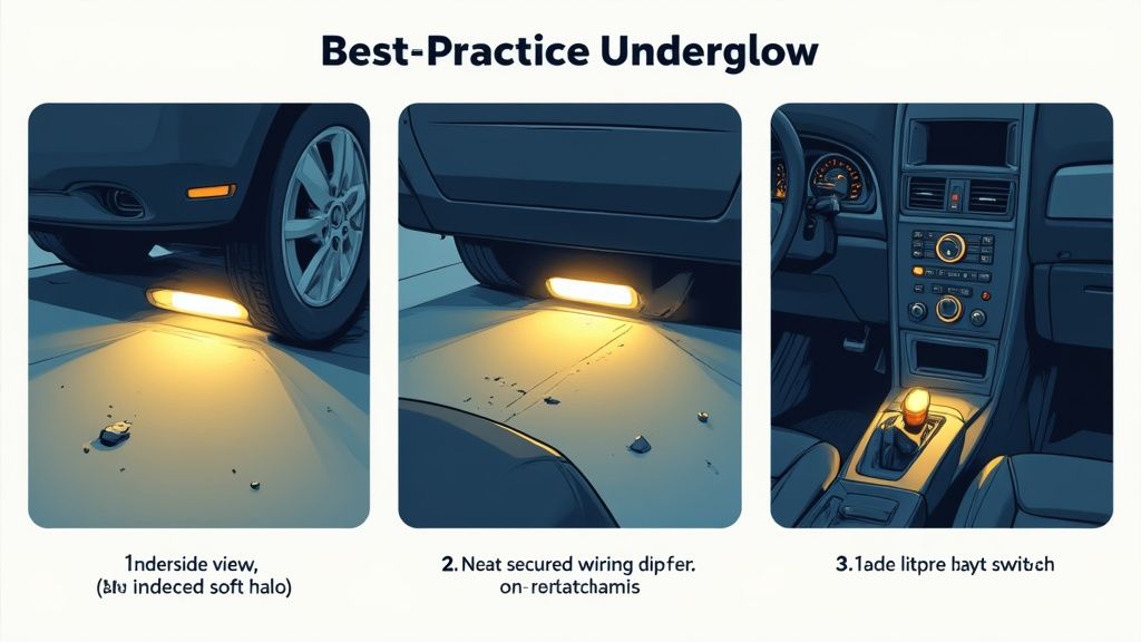 Three panels illustrating best practices for car underglow lighting, including exterior glow and interior controls.