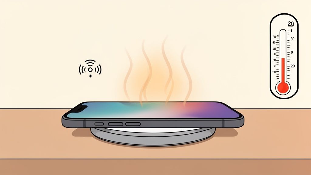 A smartphone on a wireless charger is shown emitting heat, alongside a signal icon and a thermometer.