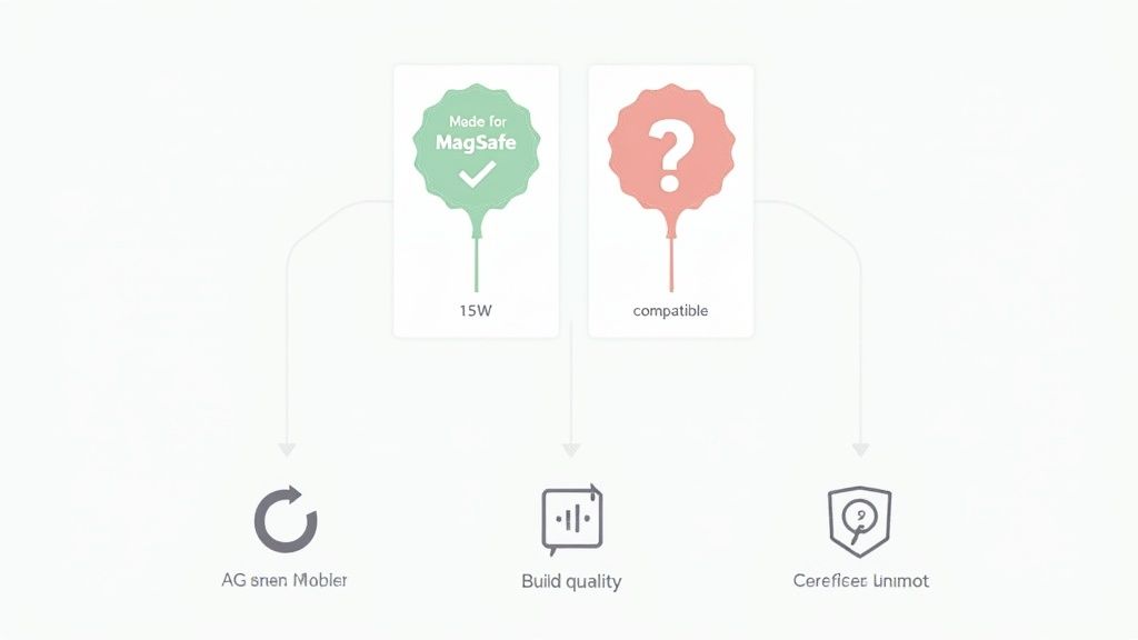Diagram comparing 'Made for MagSafe' with 15W charging to 'compatible' charging, highlighting build quality.