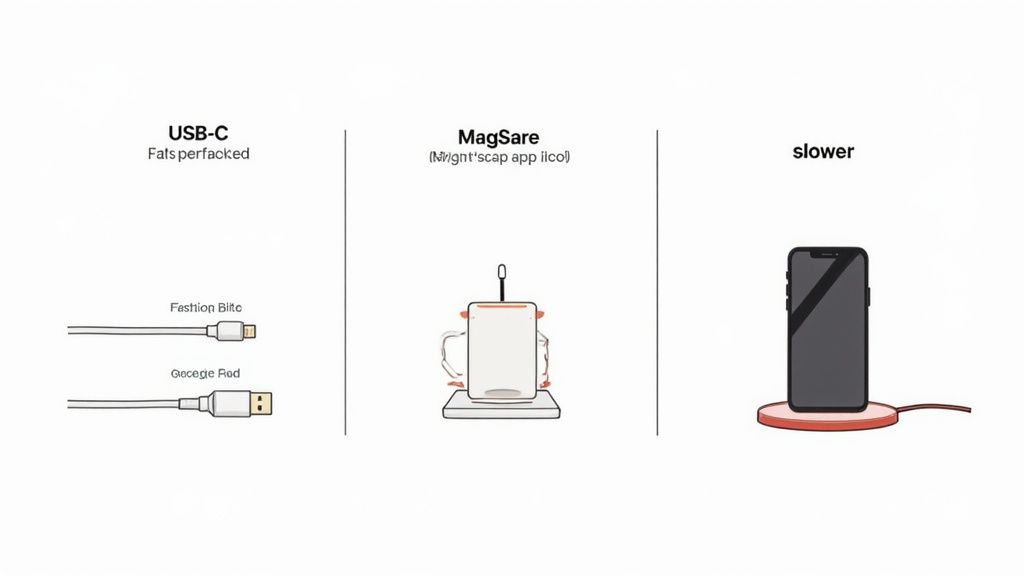 An infographic comparing USB-C, MagSafe, and slower standard wireless phone charging methods.