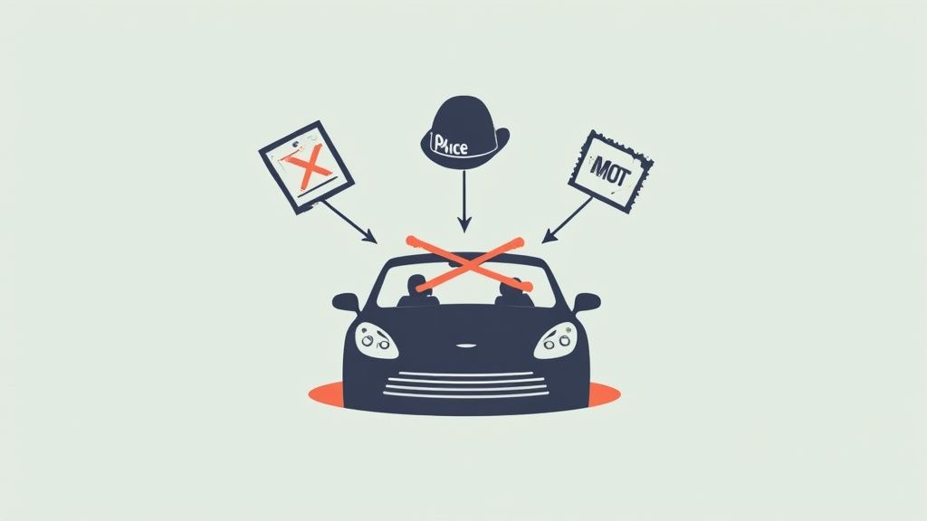 Cartoon showing a car with red crosses on the windshield, a police hat, and an MOT stamp, symbolizing car legal issues.