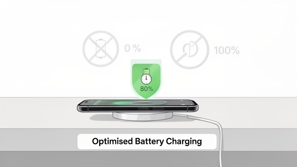 A smartphone wirelessly charging on a white pad, displaying 'Optimised Battery Charging' and an 80% charge level.