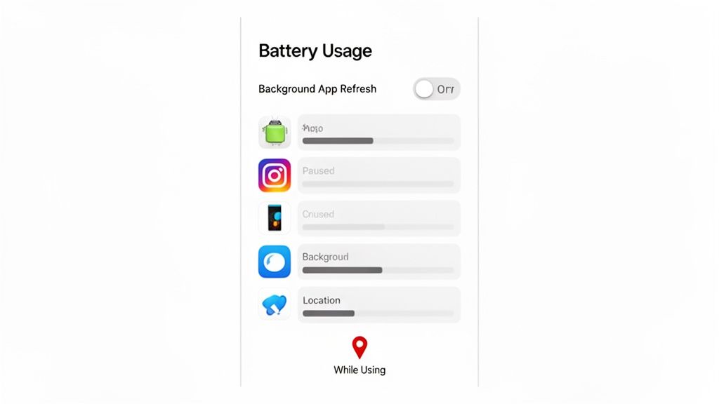 A mobile phone screen displaying battery usage settings with background app refresh off and a list of apps.