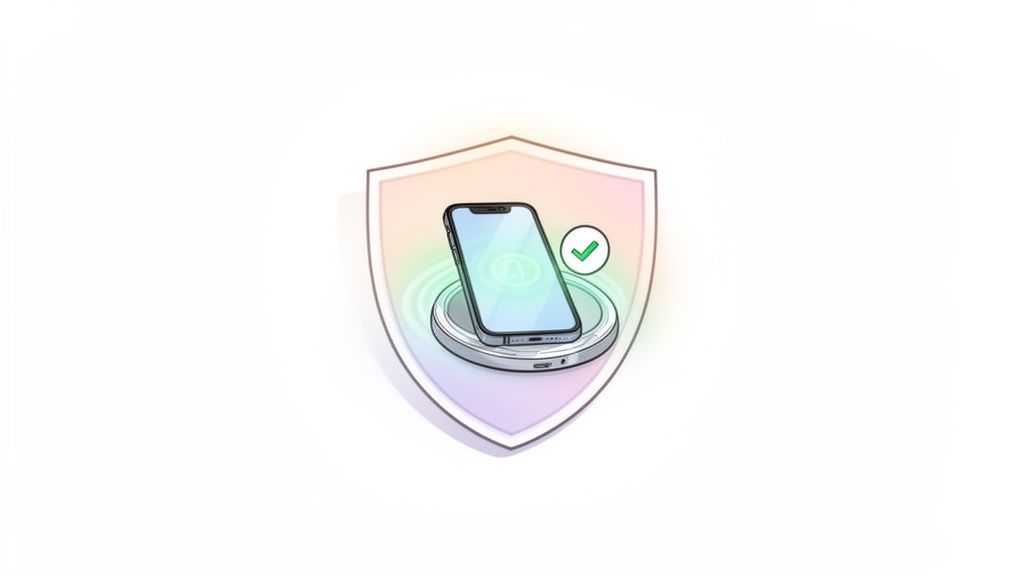 An illustration of a smartphone charging wirelessly inside a shield with a green checkmark, symbolizing safe wireless charging.