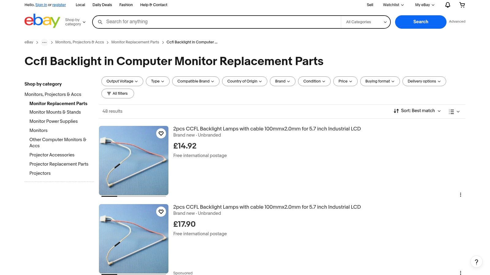 eBay UK — Replacement CCFL Lamps, Inverters, DIY LED Kits