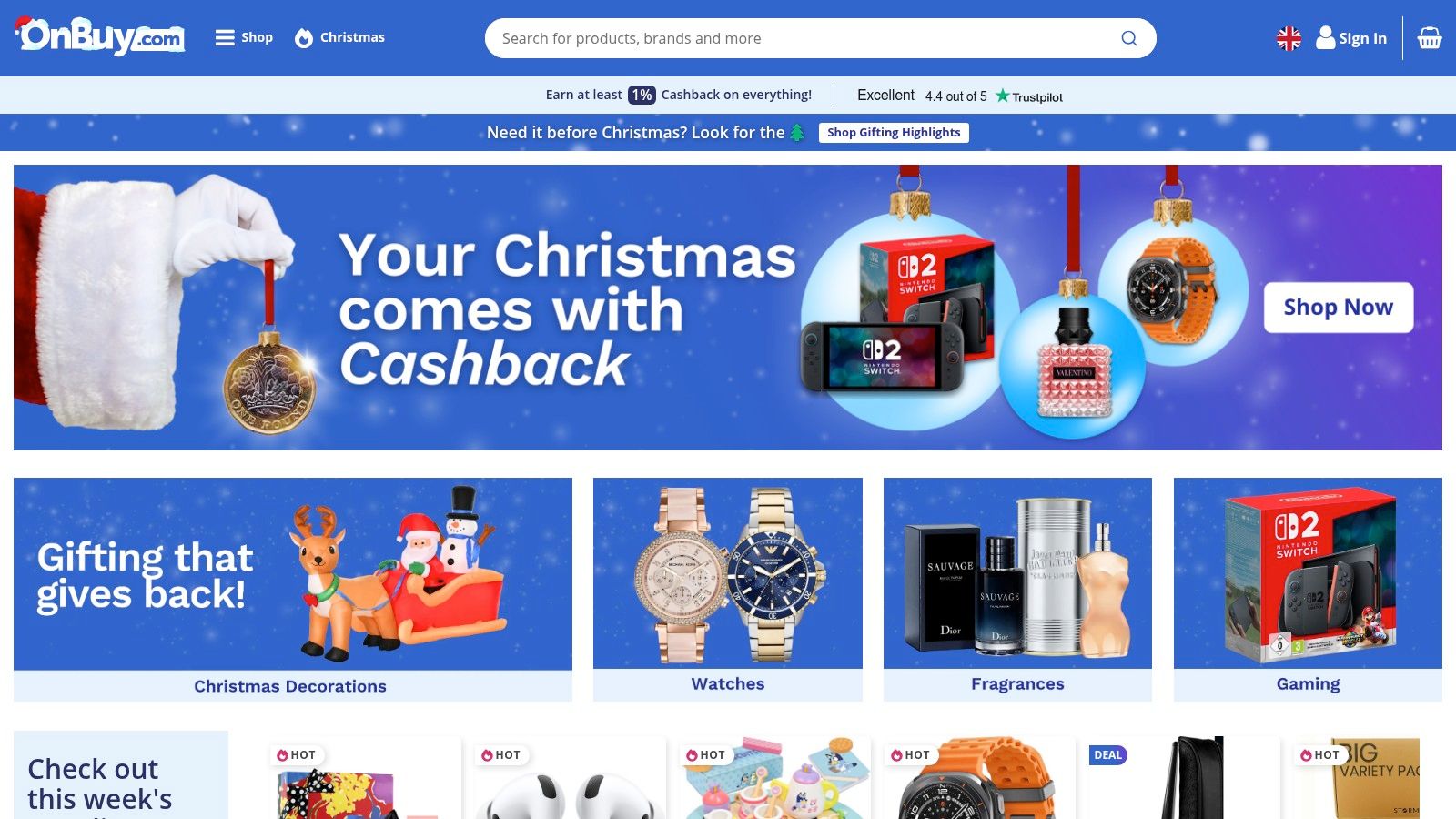 A person shopping on OnBuy during the Christmas season, highlighting its use as a marketplace for tech gifts.