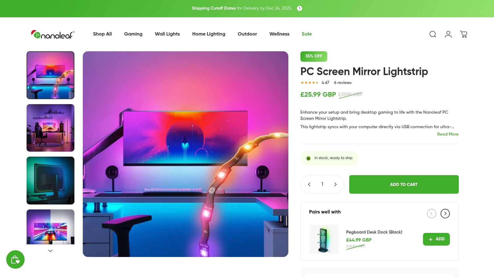 A gaming setup with a Nanoleaf PC Screen Mirror Lightstrip providing a multi-coloured glow behind the monitor, matching the colours on the screen.