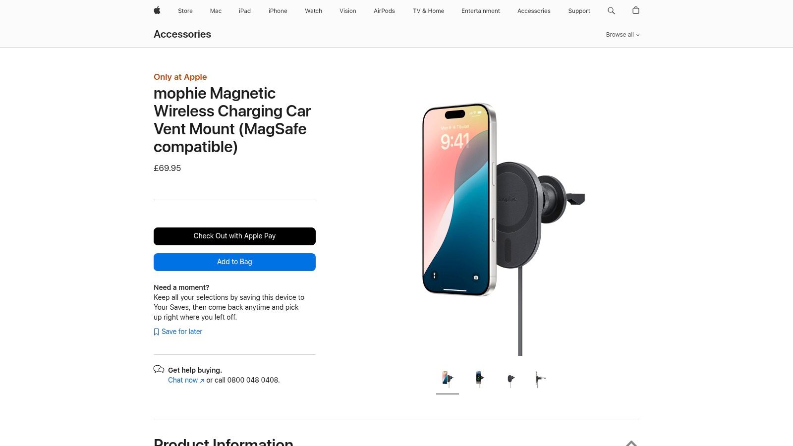A mophie magnetic wireless charging car vent mount, compatible with MagSafe, clipped to a car's air vent with an iPhone attached.