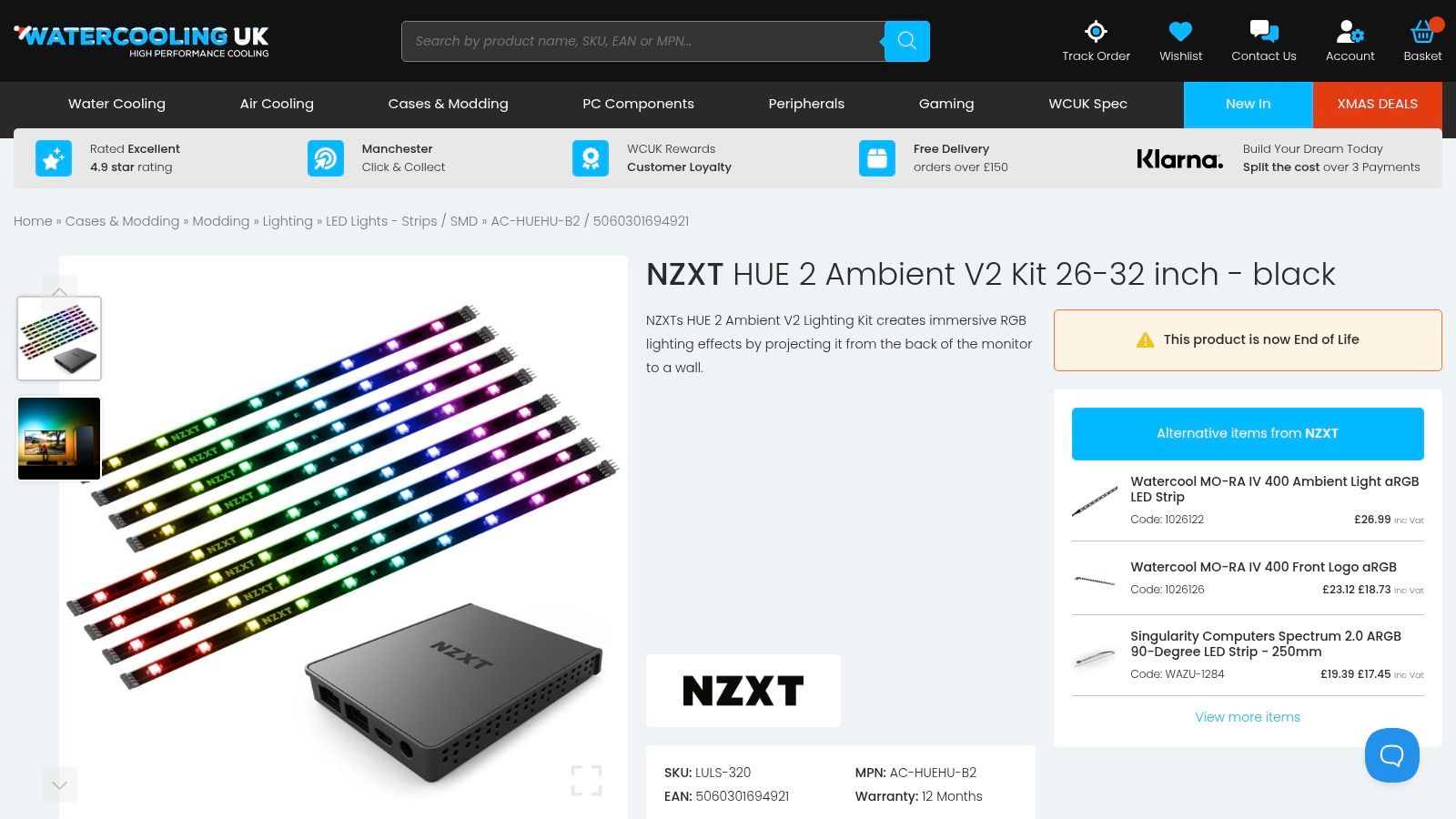 An NZXT HUE 2 Ambient V2 Kit's contents displayed, including LED strips, a controller box, and connection cables.